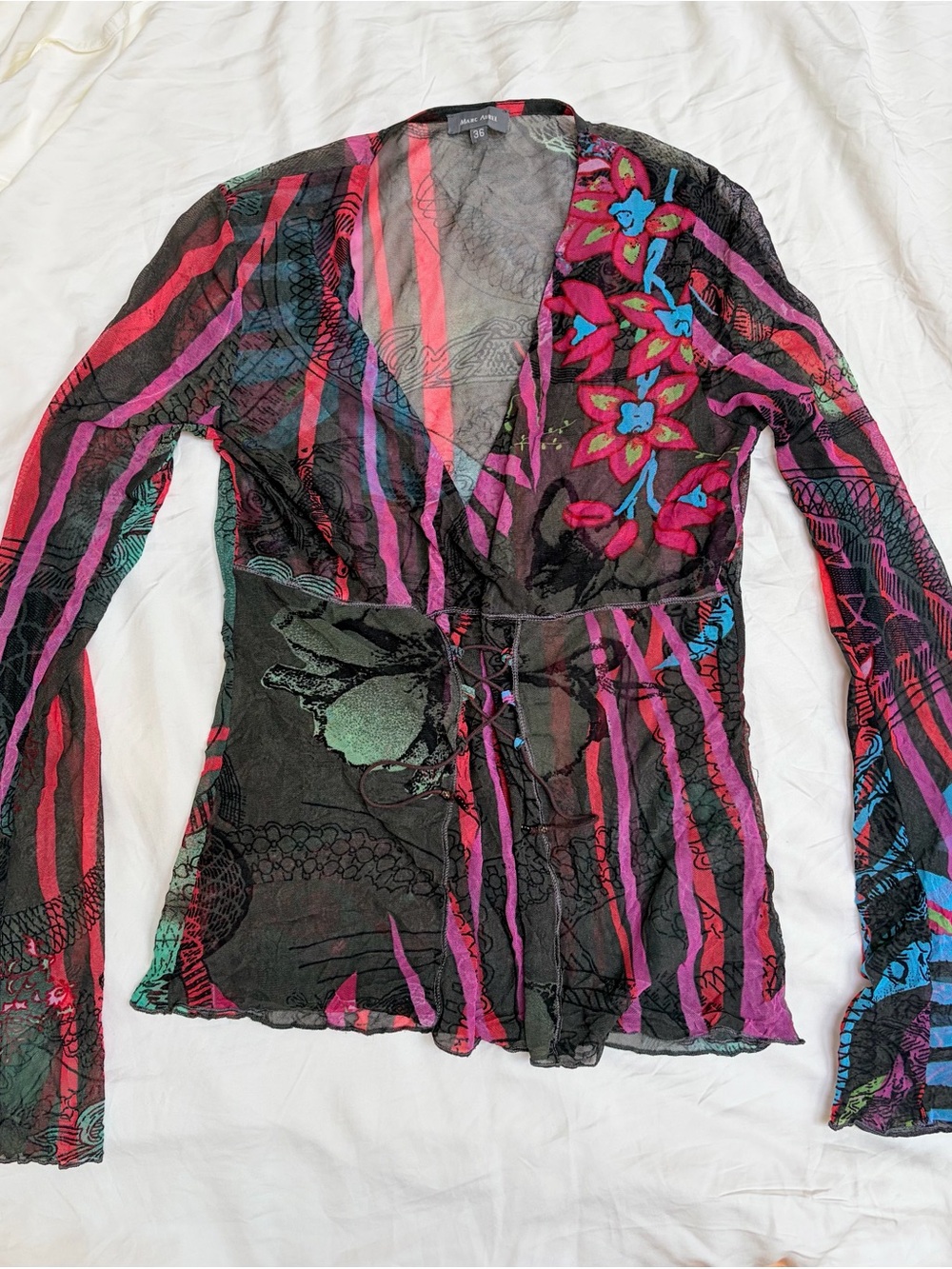 Euro Vintage Sheer Floral Stripe Wrap Top with Pink and Blue Accents and Corset
